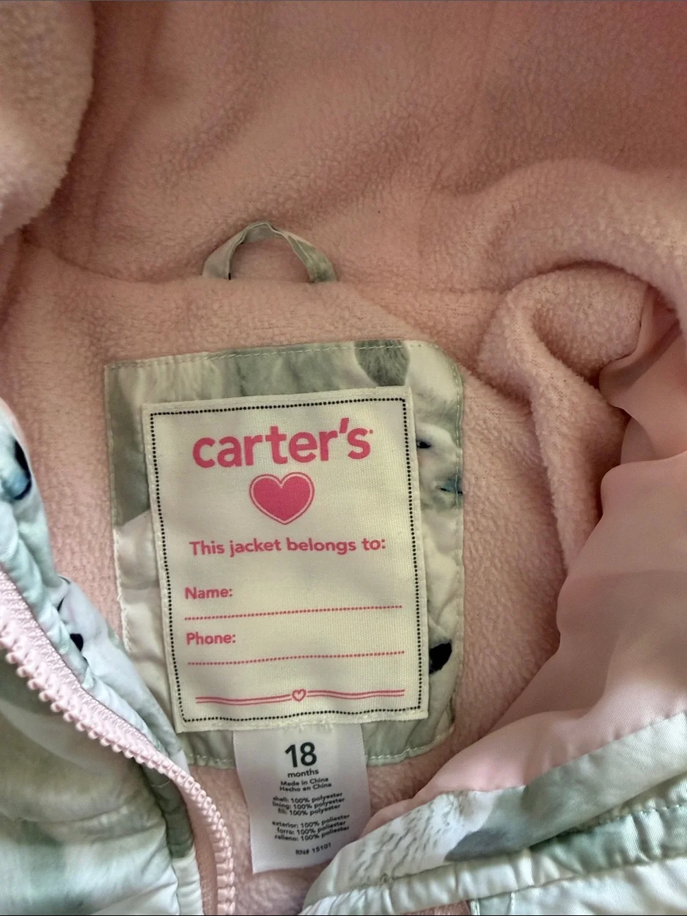 Carters Girls‎ Toddler Quilted Hooded Puffy Jacket Polar Bear Print Pink Lining